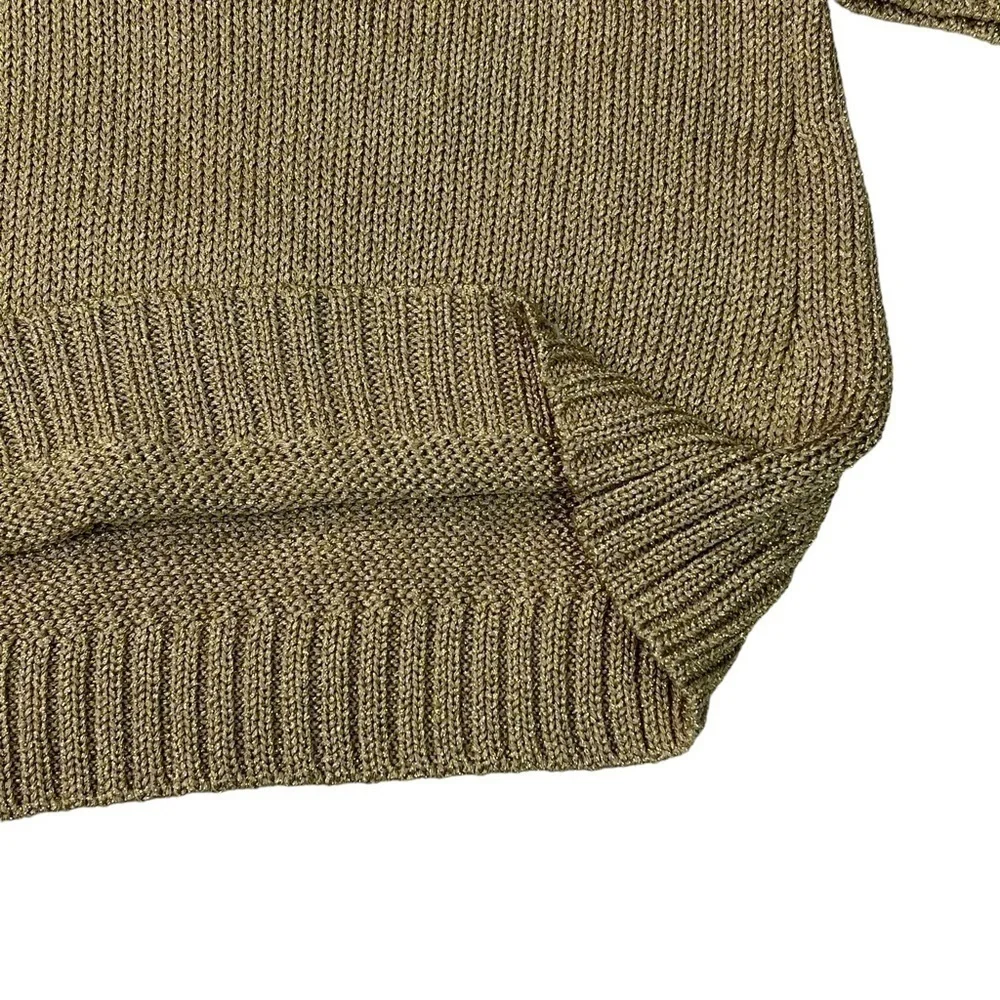 LAUREN RALPH LAUREN METALLIC GOLD V-NECK 3/4 SLEEVE RIBBED PULLOVER SWEATER